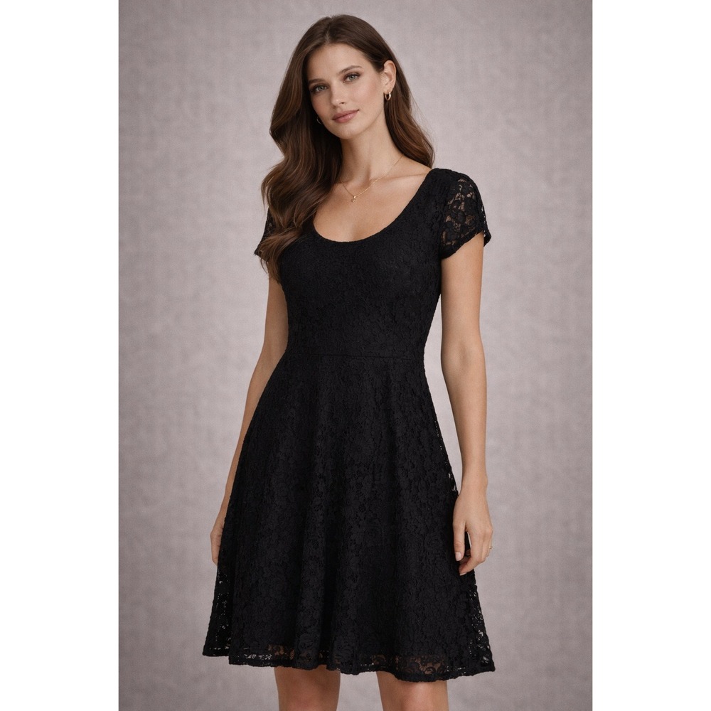 Aqua Black Lace Fit Flare‎ Dress Cap Sleeve Cocktail Medium